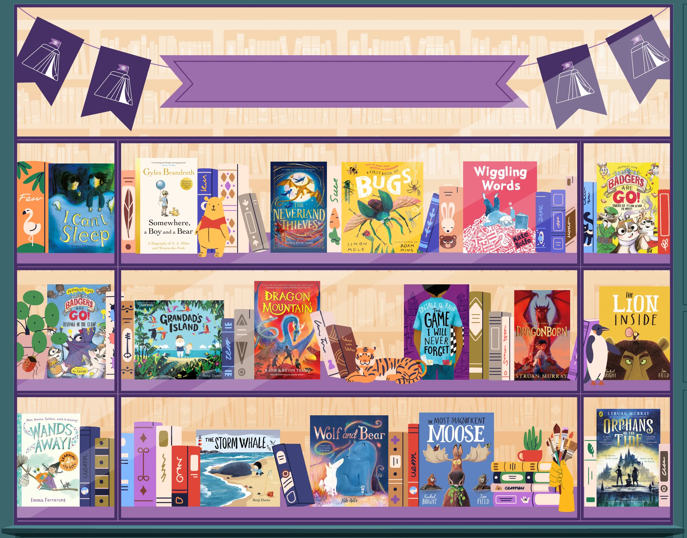 Dukes Festival of Stories bookshelf filled with books by this year's authors and illustrators