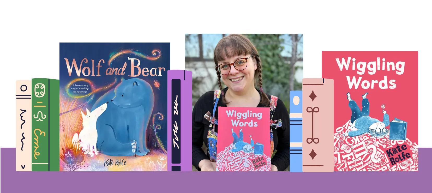 Kate Rolfe with her books Wolf and Bear and Wiggling Words