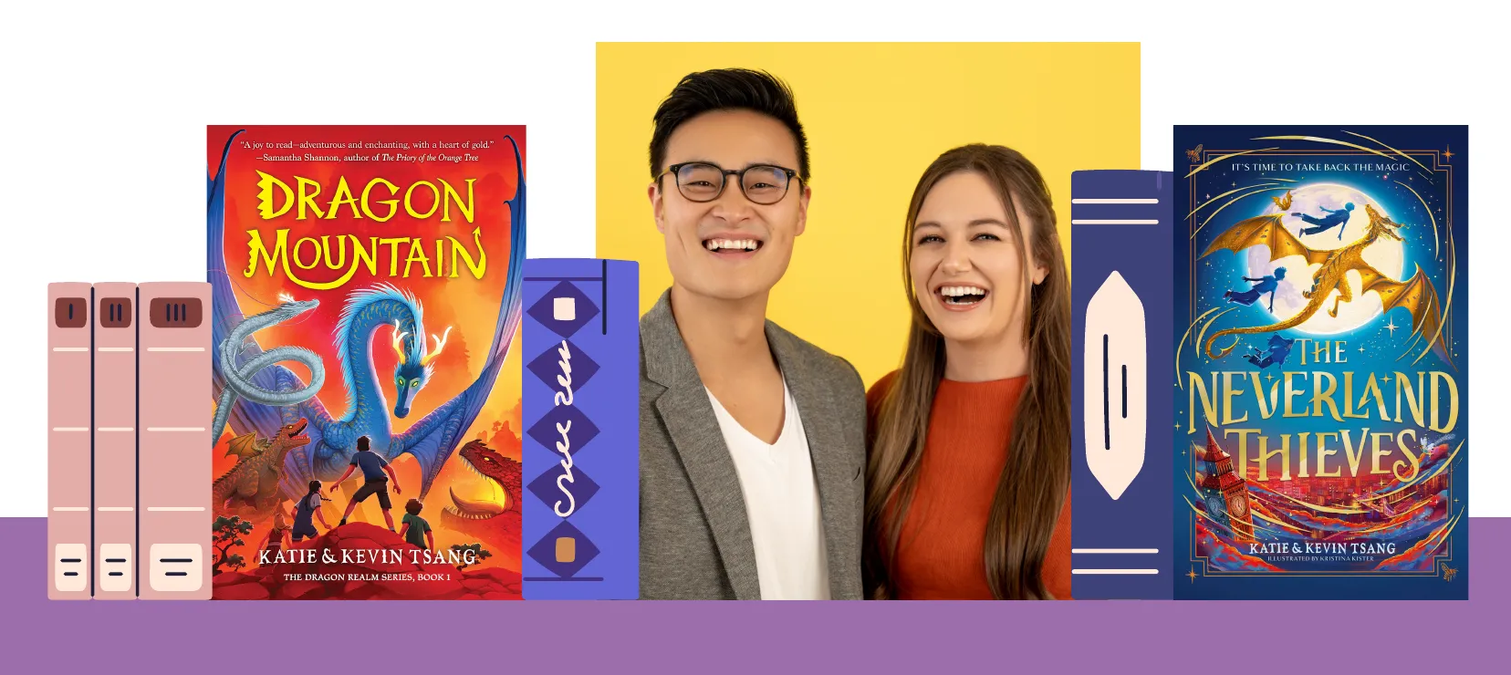 Katie and Kevin Tsang with their books Dragon Mountain and The Neverland Thieves