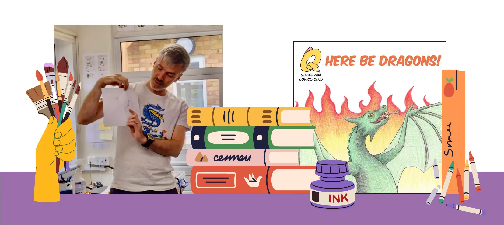 Mark Pembrey drawing, with a Here Be Dragons! comic