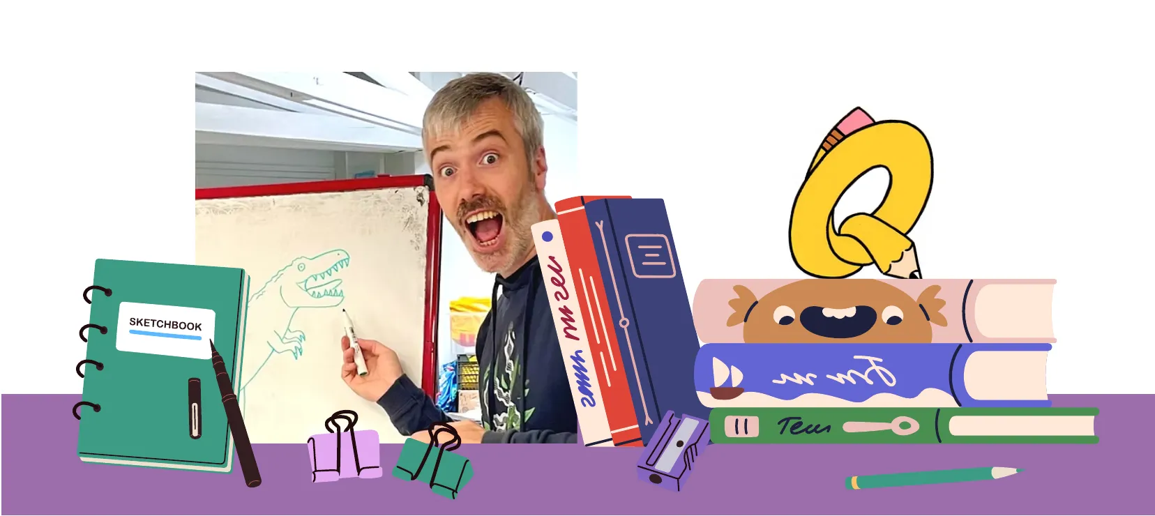 Mark Pembrey drawing a dinosaur on a whiteboard